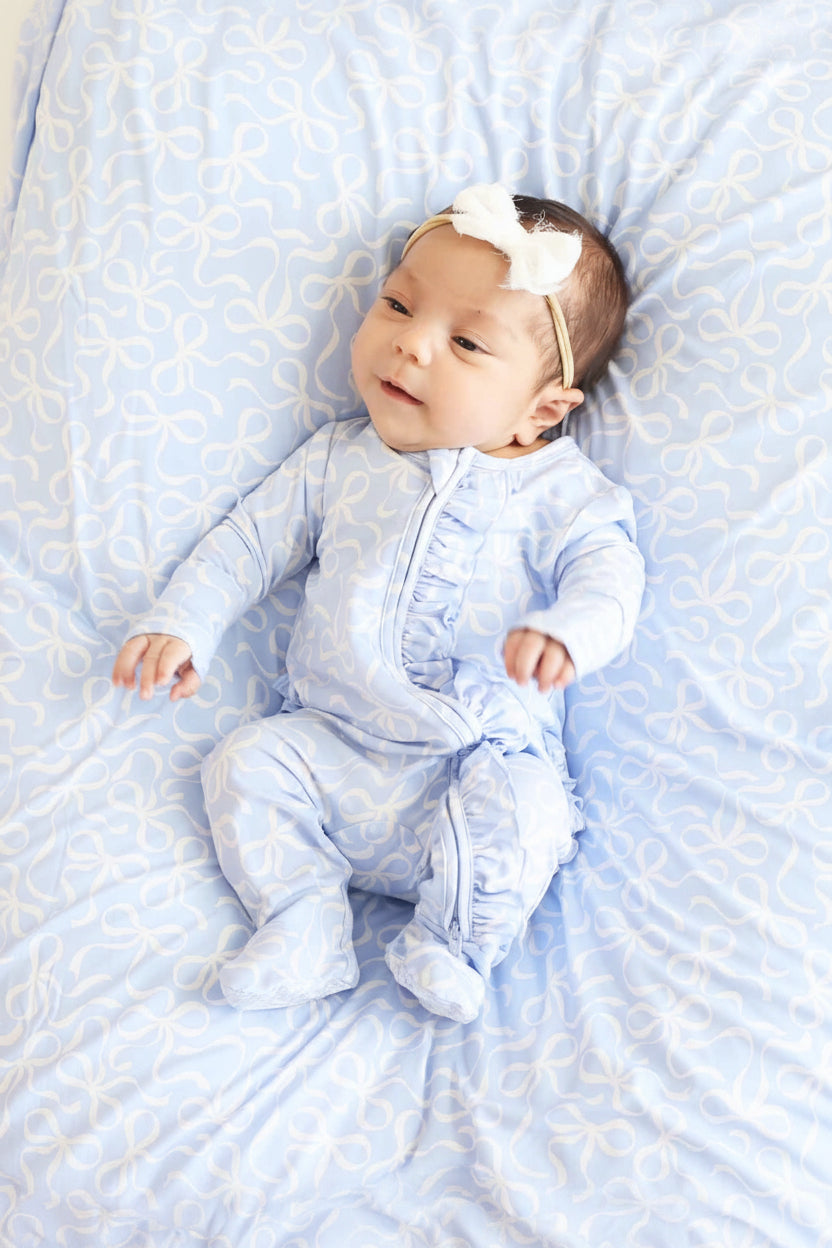 Blue-tiful Bows Ruffle Zipper Footie