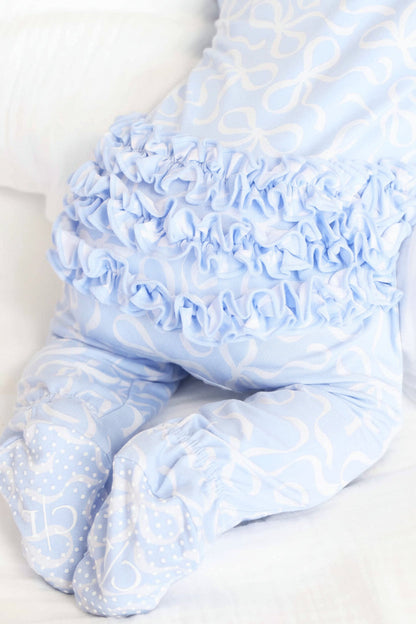 Blue-tiful Bows Ruffle Zipper Footie