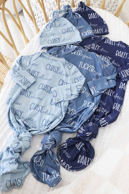 Personalized Font Duo Newborn Baby Knot Gown | Best Selling Blues