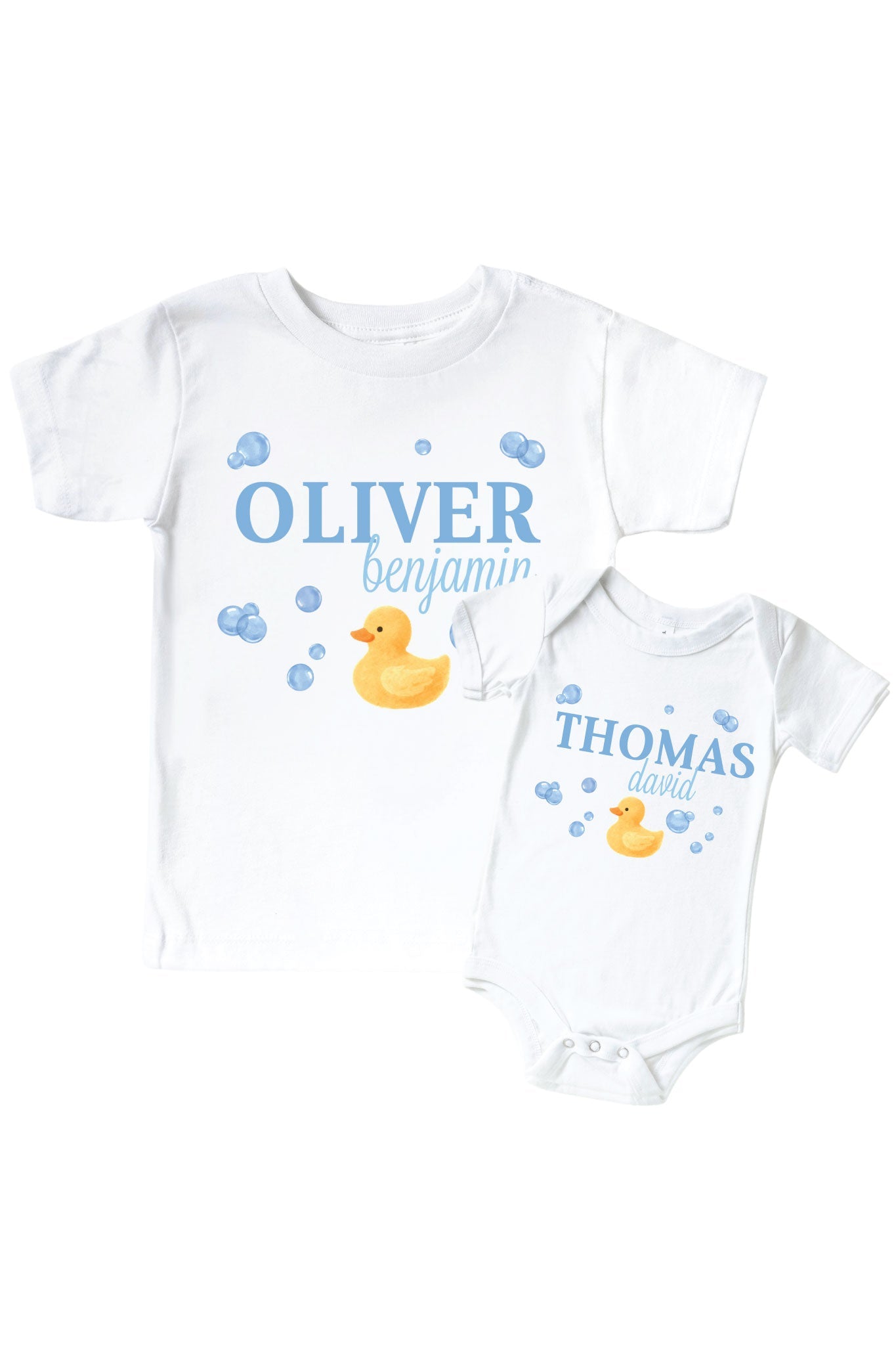 Personalized Bubble Duckie Blue Graphic Bodysuit & Kids Tee | White
