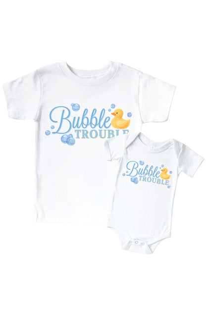 Bubble Trouble Blue Graphic Bodysuit & Kids Tee | White