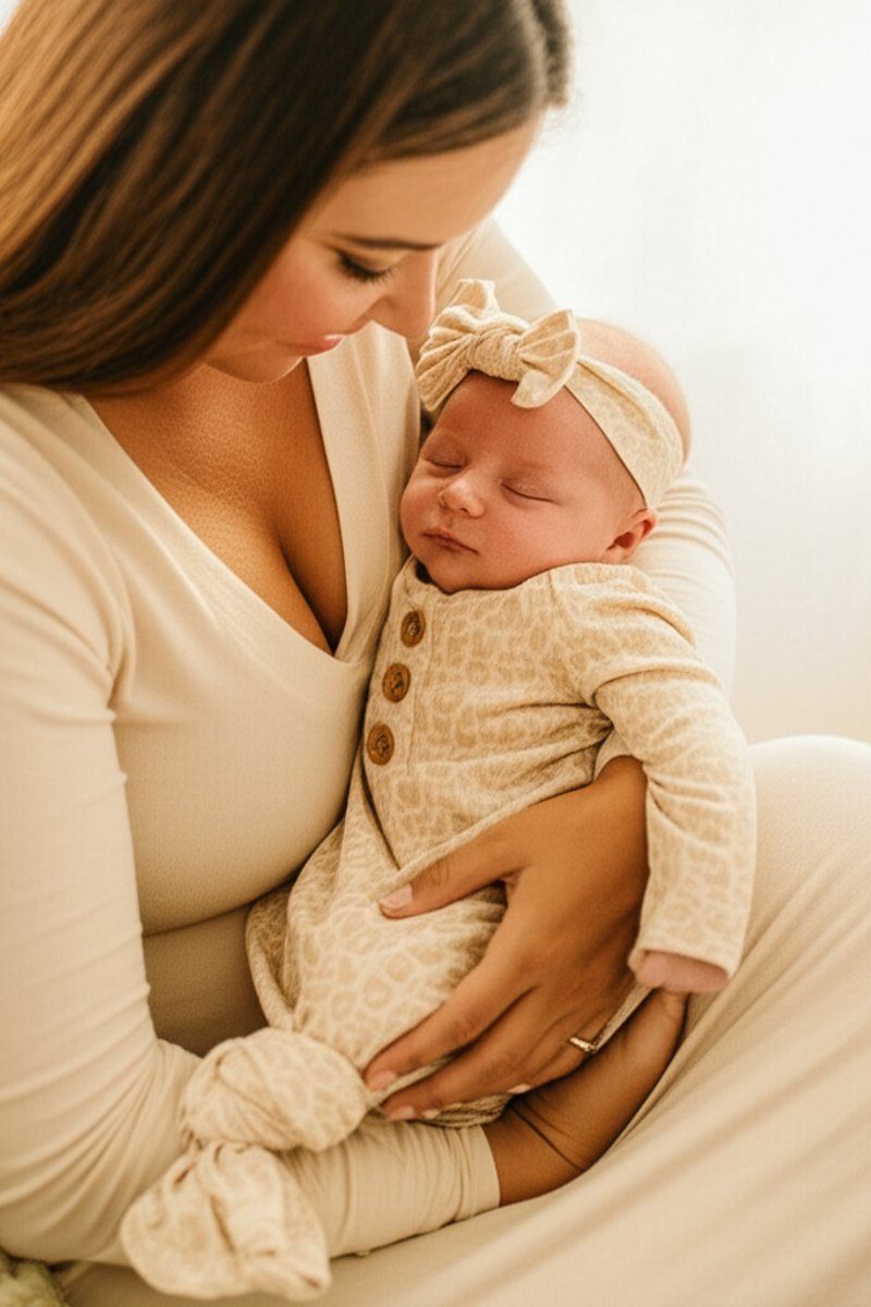 Lovely Leopard Bamboo Waffle Newborn Baby Knot Gown & Hat Set