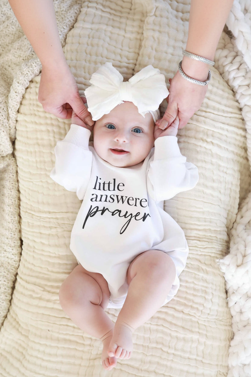 Little Answered Prayer Graphic Sweatshirt Bubble Romper | White