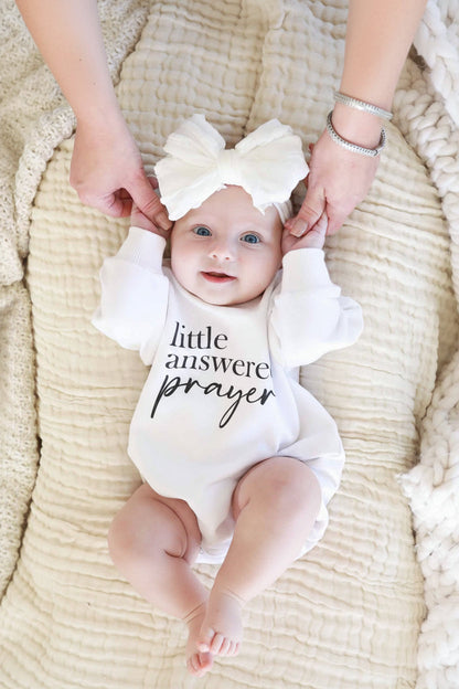 Little Answered Prayer Graphic Sweatshirt Bubble Romper | White