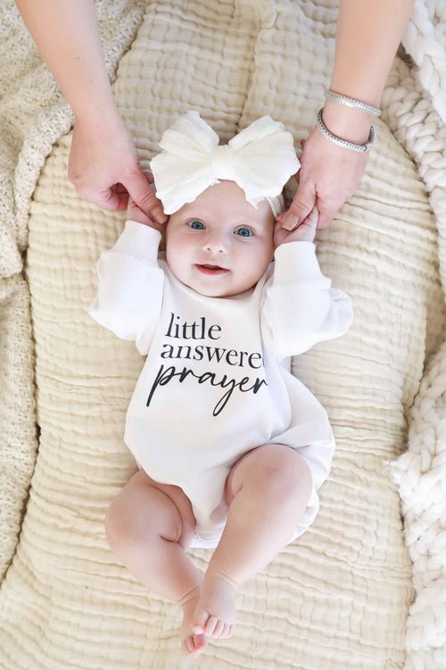 Little Answered Prayer Graphic Sweatshirt Bubble Romper | White