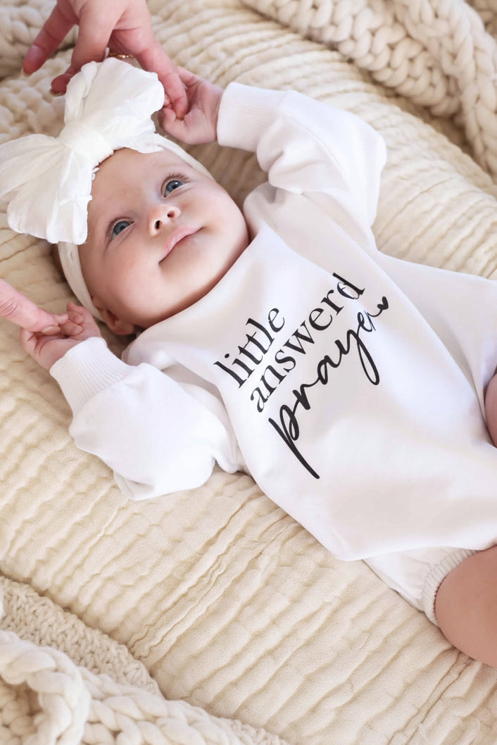 Little Answered Prayer Graphic Sweatshirt Bubble Romper | White