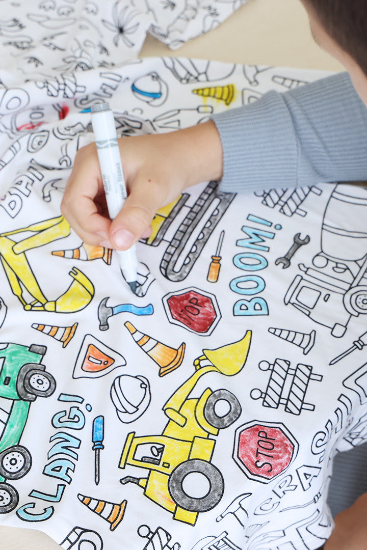Colorable Two Piece Pajama Set | Construction Zone