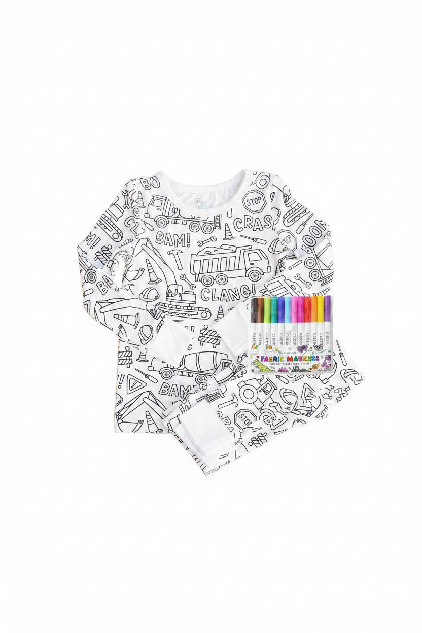 Colorable Two Piece Pajama Set | Construction Zone