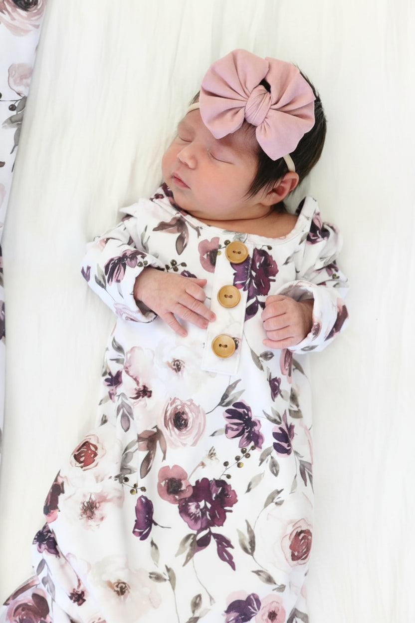 Demi's Dusty Purple Floral Newborn Baby Knot Gown & Hat Set