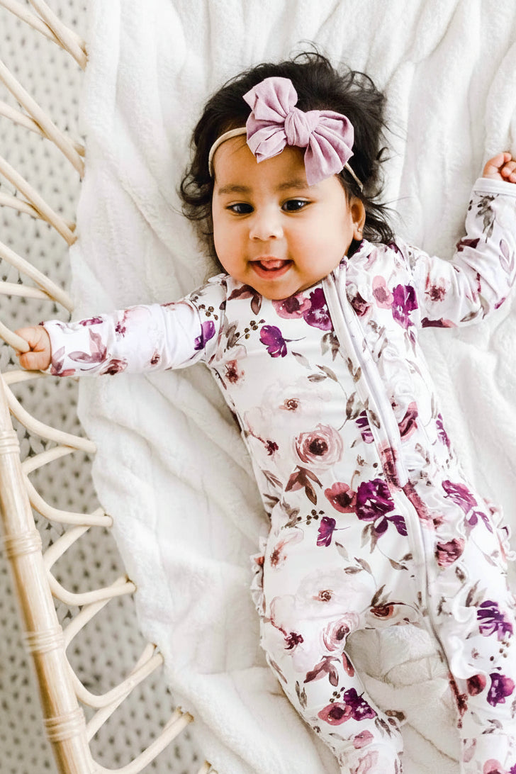 Demi's Dusty Purple Floral Ruffle Zipper Footie