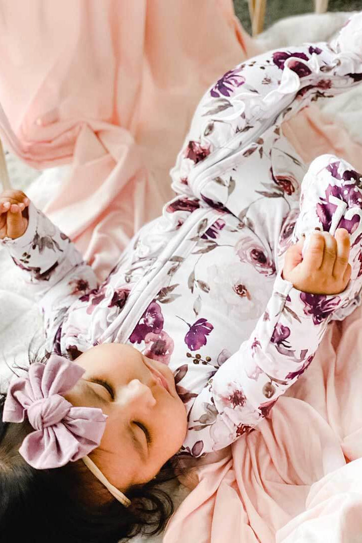 Demi's Dusty Purple Floral Ruffle Zipper Footie