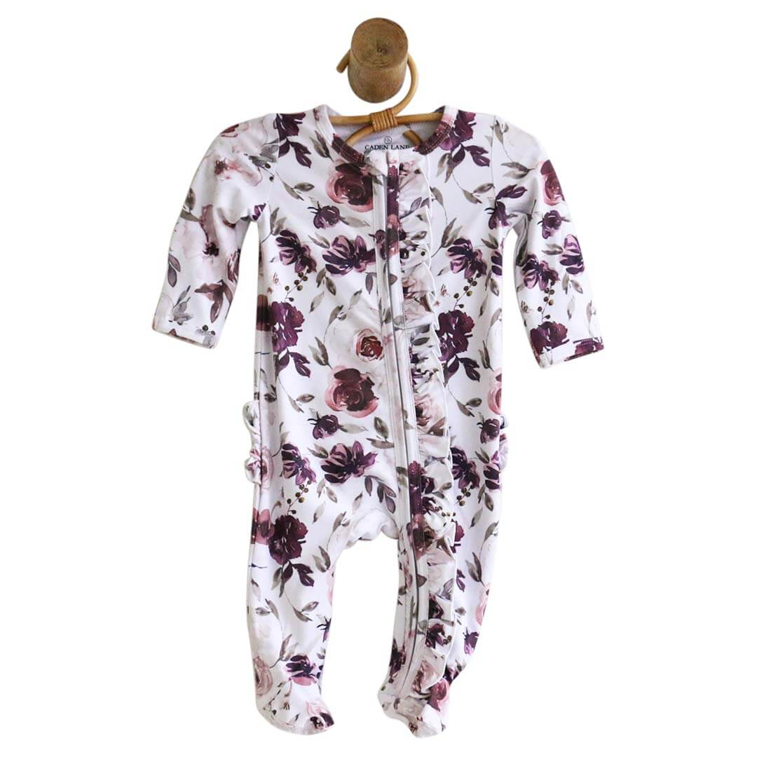 Demi's Dusty Purple Floral Ruffle Zipper Footie