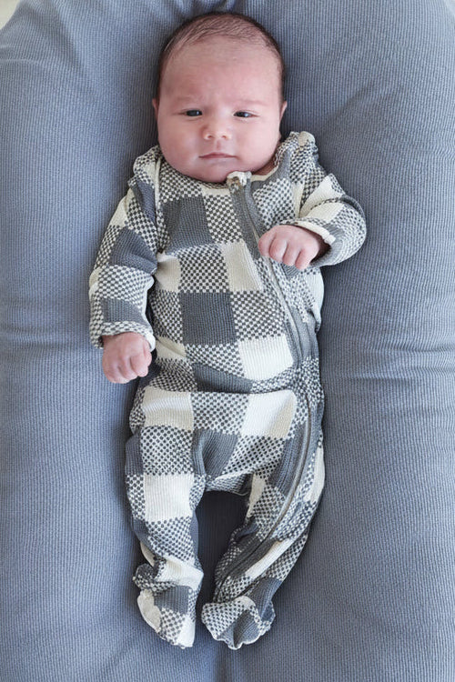 Big Check Bamboo Waffle Zipper Footie | Denim
