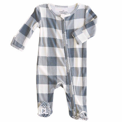 Big Check Bamboo Waffle Zipper Footie | Denim