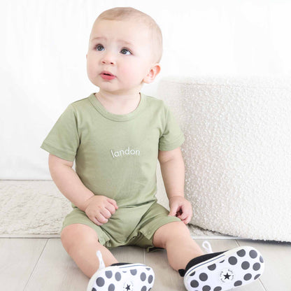 Embroidered Short Sleeve Snap Romper