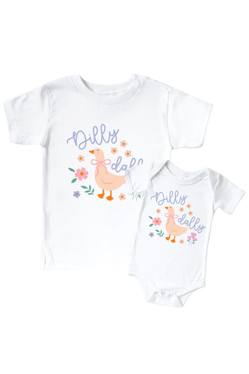 Dilly Dally Graphic Bodysuit & Kids Tee | White