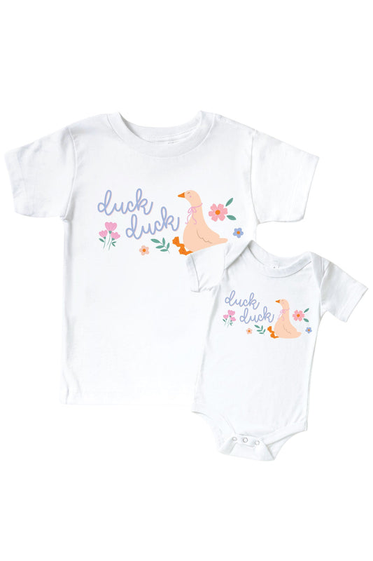 Duck Duck Graphic Bodysuit & Kids Tee | White