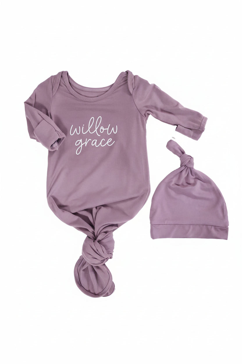 Girl Personalized Bamboo Newborn Baby Knot Gown & Hat