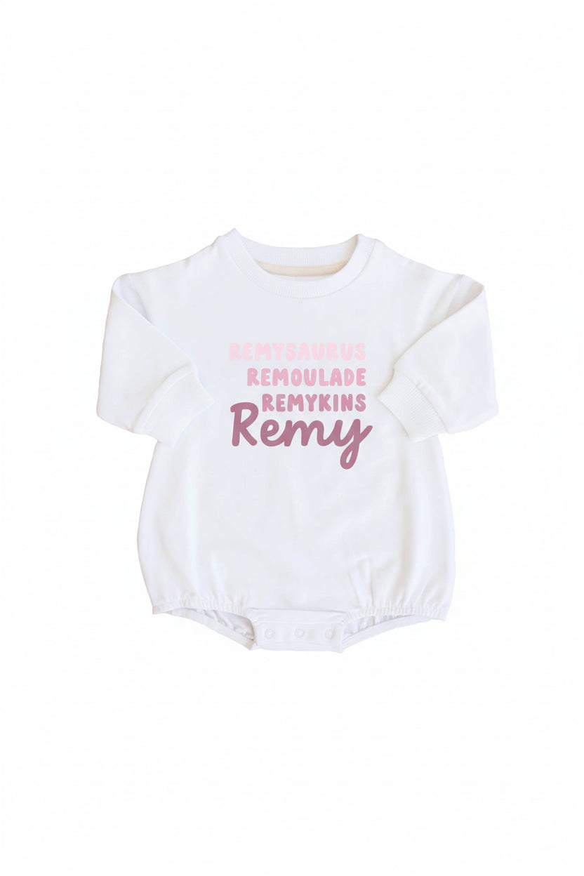 Personalized Dusty Rose Nickname Graphic Sweatshirt Bubble Romper | White