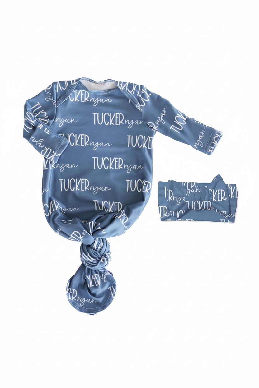 Personalized Font Duo Newborn Baby Knot Gown | Best Selling Blues