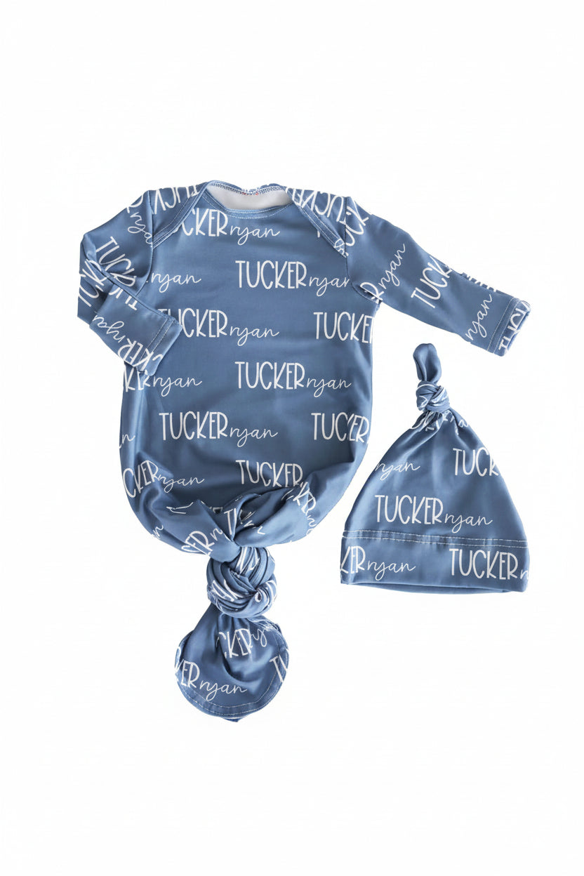 Personalized Font Duo Newborn Baby Knot Gown | Best Selling Blues