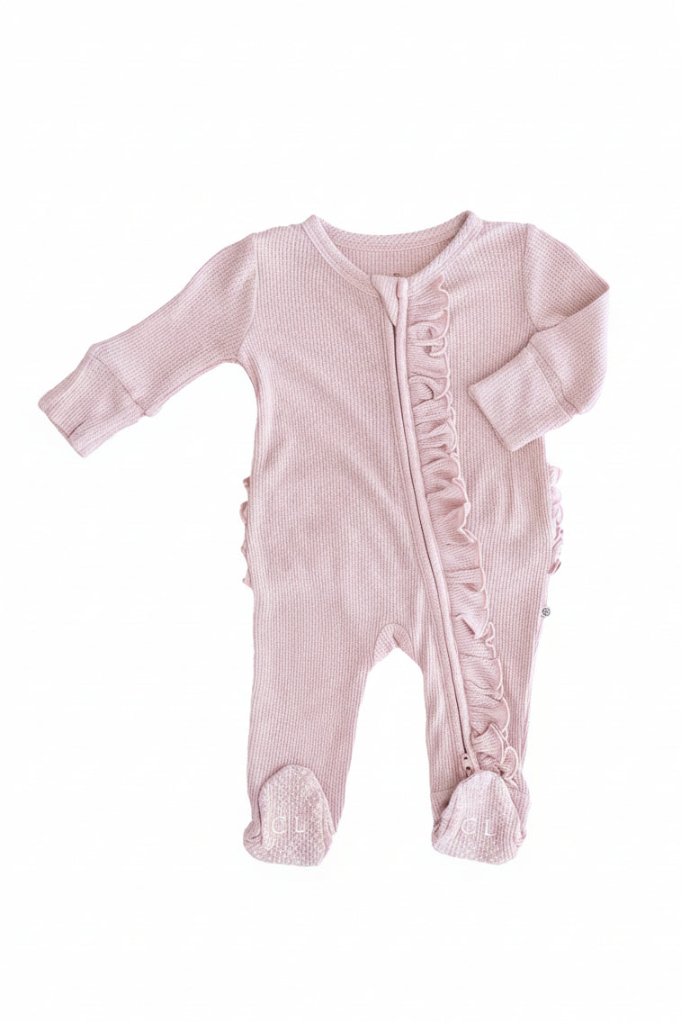 Embroidered Bamboo Waffle Zipper Ruffle Footies | In Bloom