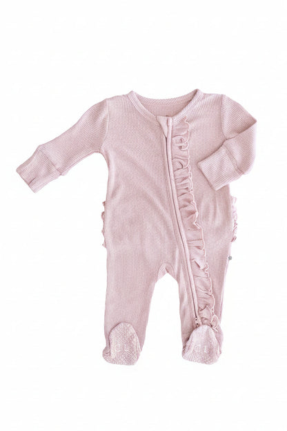 Embroidered Bamboo Waffle Zipper Ruffle Footies | In Bloom