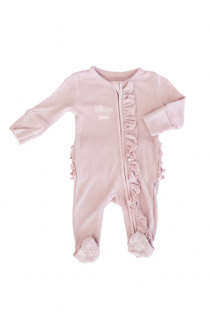 Embroidered Bamboo Waffle Zipper Ruffle Footies | In Bloom