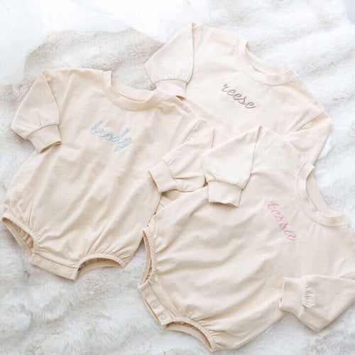 Embroidered Script Name Long Sleeve Bubble Romper | Natural