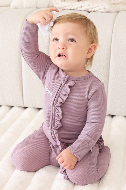Embroidered Bamboo Waffle Zipper Ruffle Footies | In Bloom