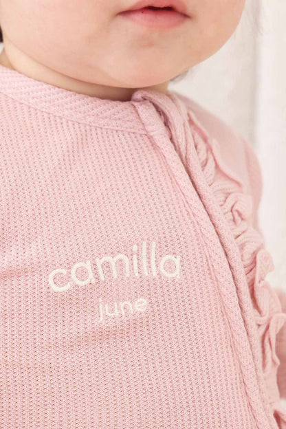 Embroidered Bamboo Waffle Zipper Ruffle Footie | Lotus