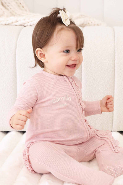 Embroidered Bamboo Waffle Zipper Ruffle Footies | In Bloom