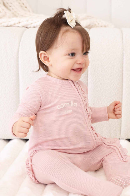Embroidered Bamboo Waffle Zipper Ruffle Footie | Lotus