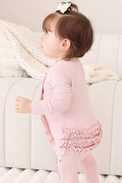 Embroidered Bamboo Waffle Zipper Ruffle Footies | In Bloom