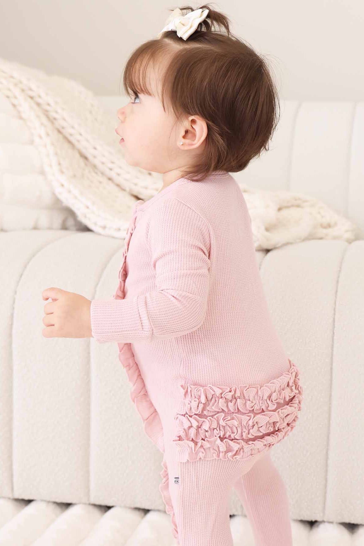Embroidered Bamboo Waffle Zipper Ruffle Footie | Lotus