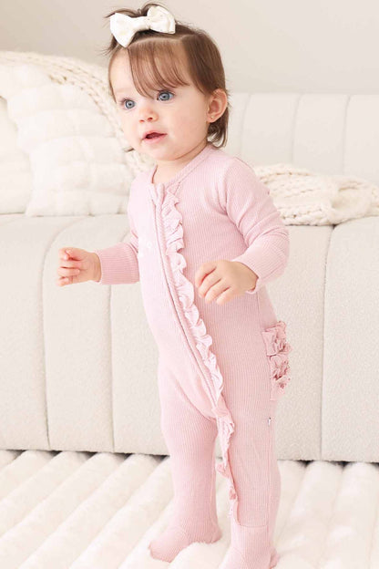 Embroidered Bamboo Waffle Zipper Ruffle Footies | In Bloom