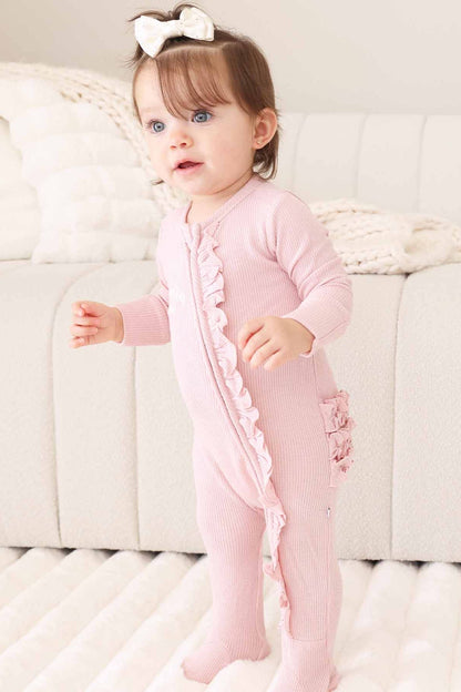 Embroidered Bamboo Waffle Zipper Ruffle Footie | Lotus