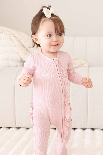 Embroidered Bamboo Waffle Zipper Ruffle Footies | In Bloom