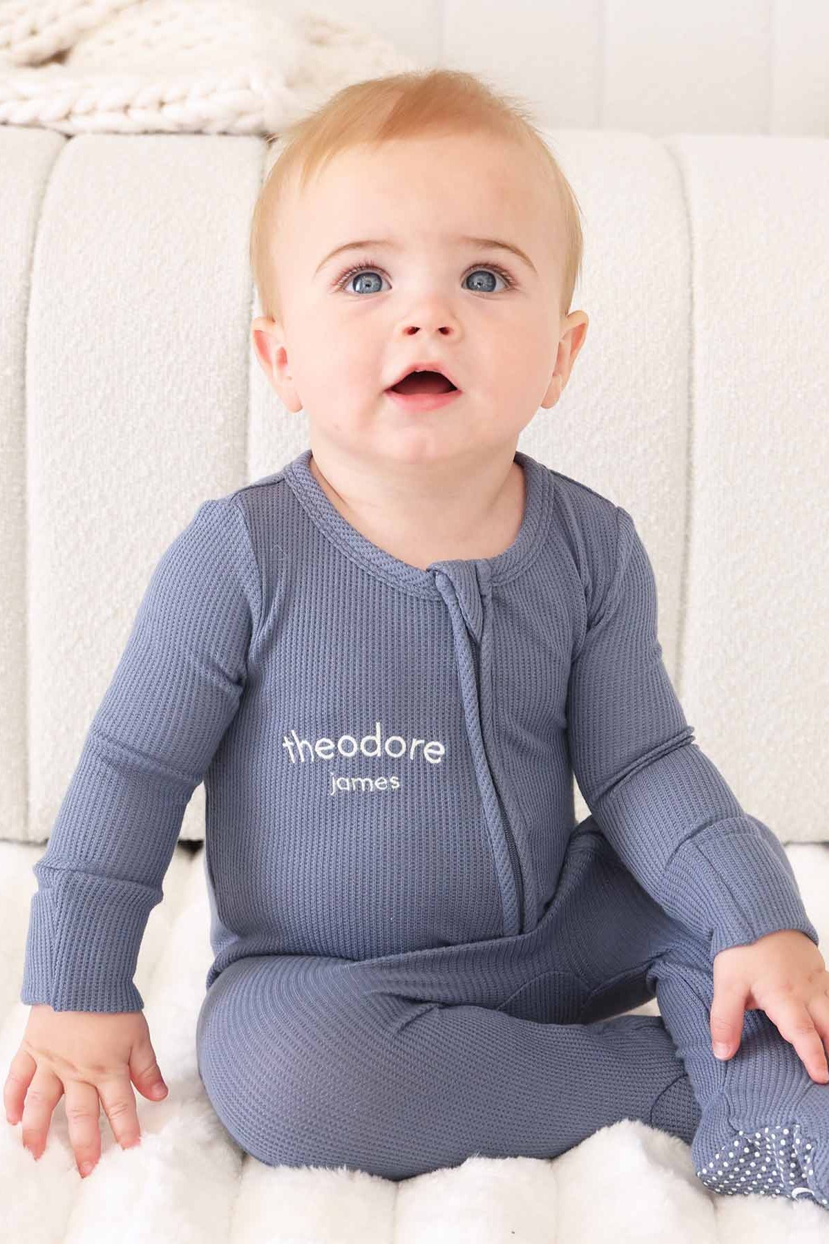 Embroidered Bamboo Waffle Zipper Footie | Mountain Haze