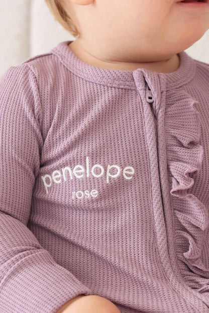 Embroidered Bamboo Waffle Zipper Ruffle Footie | Amethyst
