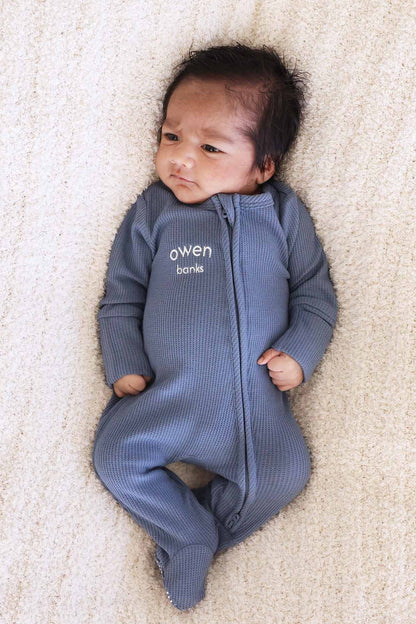 Embroidered Bamboo Waffle Zipper Footie | Lake