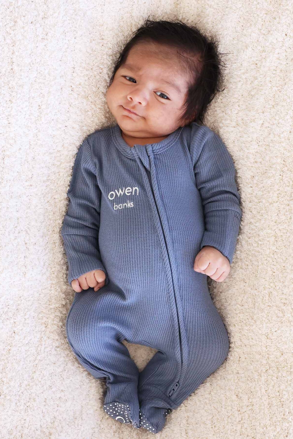 Embroidered Bamboo Waffle Zipper Footie | Mountain Haze
