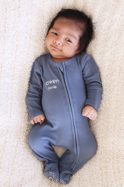 Embroidered Bamboo Waffle Zipper Footie | Lake