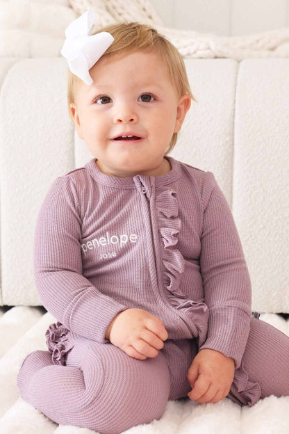 Embroidered Bamboo Waffle Zipper Ruffle Footie | Amethyst