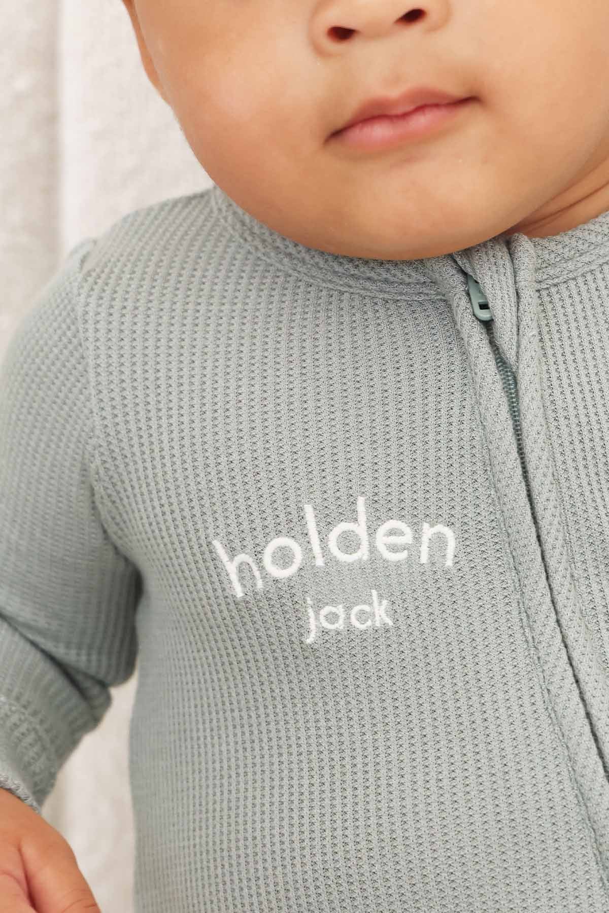 Embroidered Bamboo Waffle Zipper Footie | Seagrass