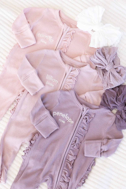 Embroidered Bamboo Waffle Zipper Ruffle Footies | In Bloom