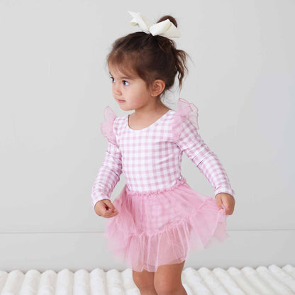 Long Sleeve Ruffle Skirt Leotard | Girly Gingham