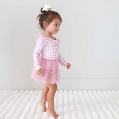 Long Sleeve Ruffle Skirt Leotard | Girly Gingham