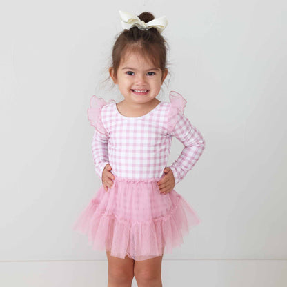 Long Sleeve Ruffle Skirt Leotard | Girly Gingham