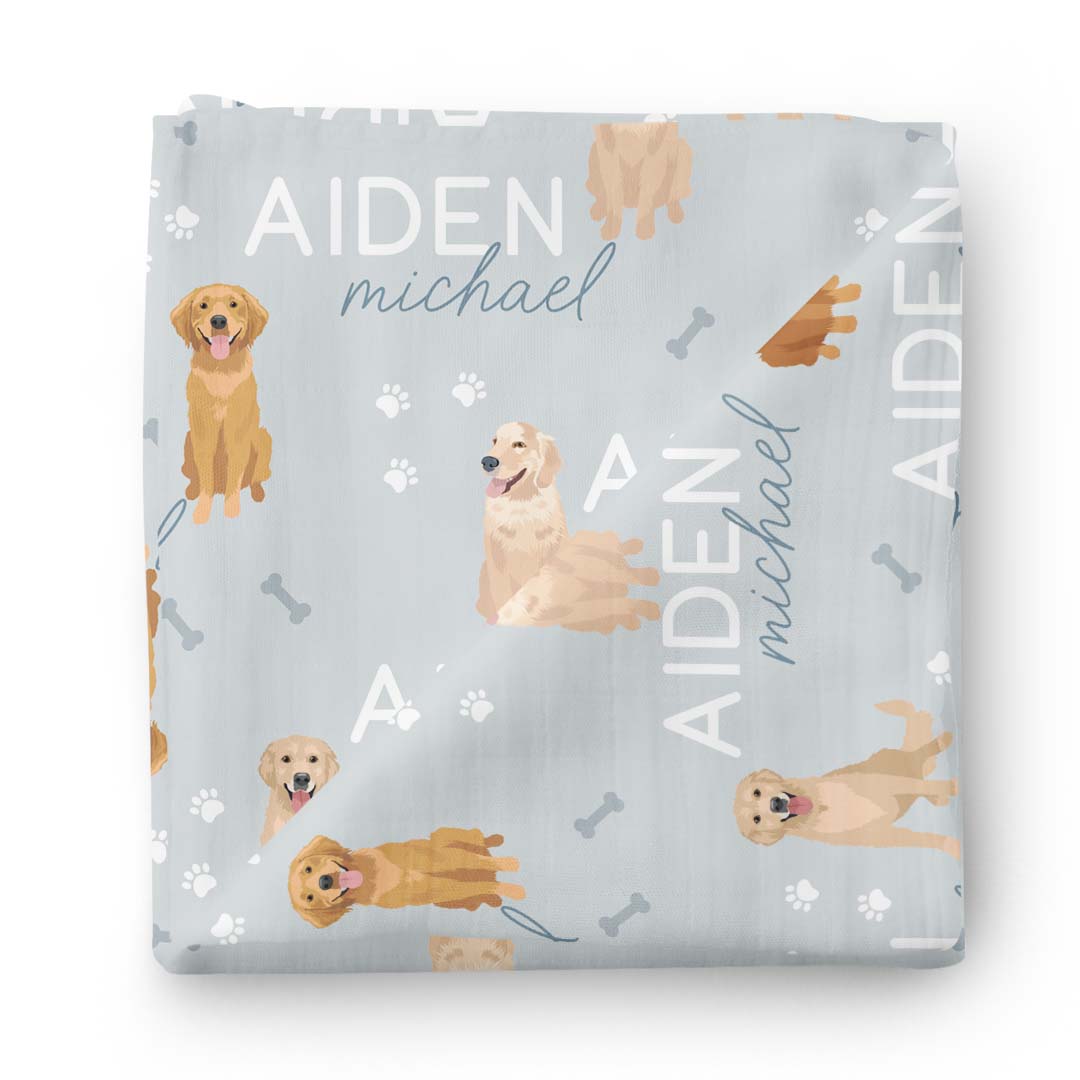 Personalized Baby Name Swaddle Blanket | Golden Retriever